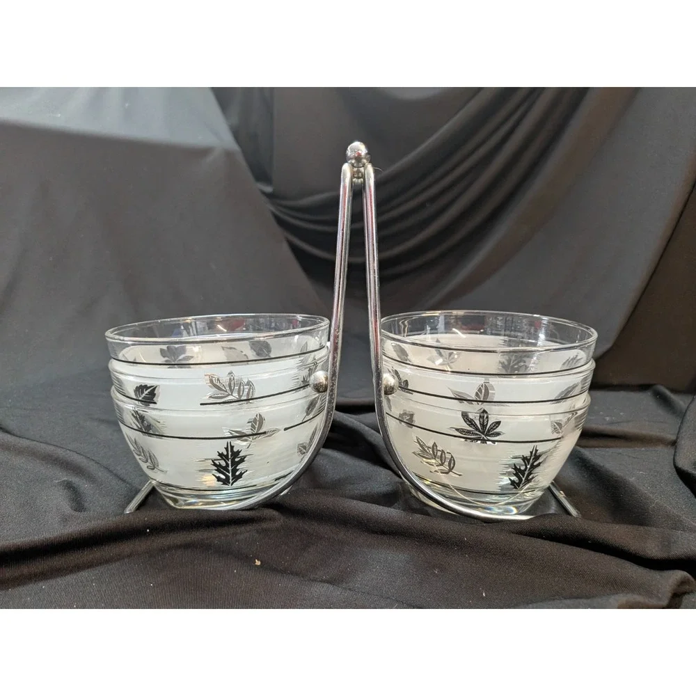 Vintage Etched Glass Snack Bowl Set w/ Chrome Caddy – Mid Century Modern 8 Bowl